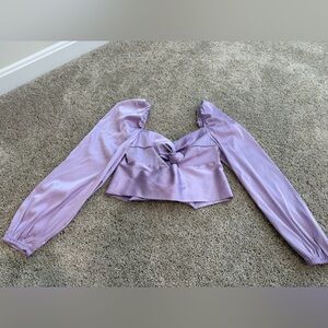 Lilac Cropped sweetheart neck and puff/lantern sleeve satin blouse with tie